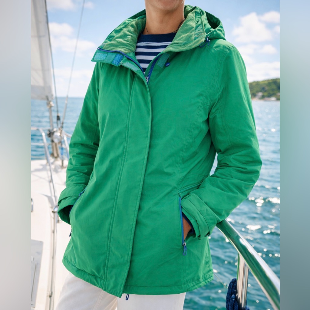 Landsâ End Green Hooded Fleece-Lined Jacket M/P 10-12 Coastal Preppy Windbreaker